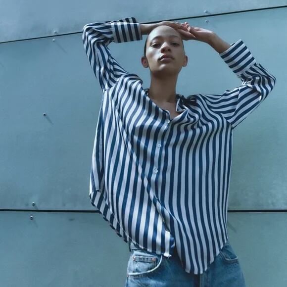 Zara Striped Print Long Sleeve Collared Button-Up Shirt Navy Blue White Medium - Picture 1 of 9